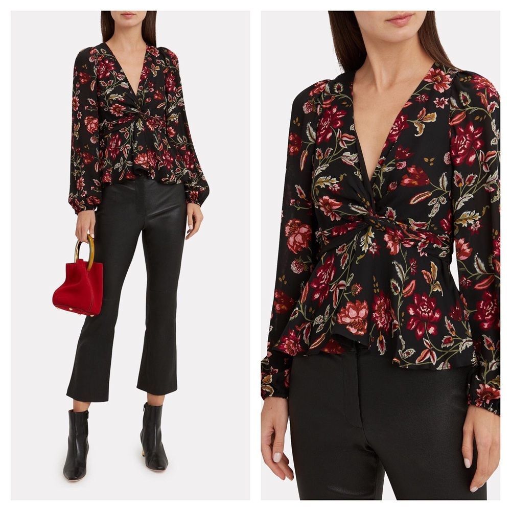 NWT A.L.C. Logan Peplum Silk Top Sz 2 Black Moody Floral Long Sleeve Twist Front